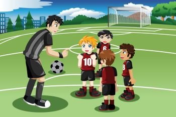 A vector illustration of little kids in soccer field listening to their coach