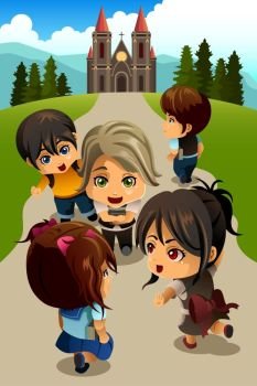 A vector illustration of happy kids going to church