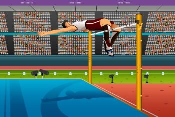 A vector illustration of male high jumper in midair over bar for sport competition series