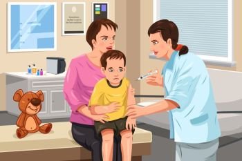 A vector illustration of a pediatrician giving a shot to a little child