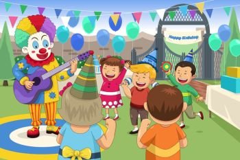 A vector illustration of clown at a kids birthday party