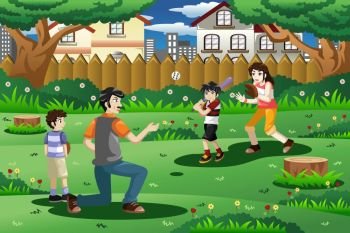 A vector illustration of happy family playing baseball outdoor
