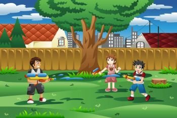 A vector illustration of happy kids playing with water gun in the backyard