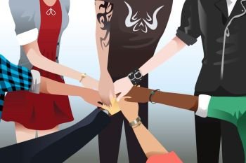 A vector illustration of hands touching together for unity and teamwork concept