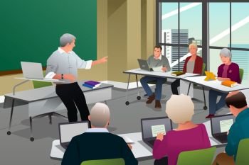A vector illustration of adult in a college classroom with professor teaching