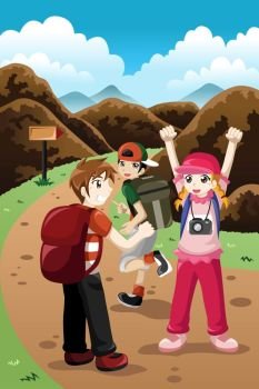 A vector illustration of happy kids on a adventure trip