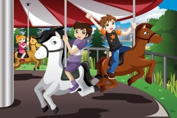 A vector illustration of happy kids riding merry go round in an amusement park