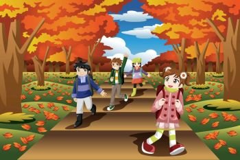 A vector illustration of happy kids hiking in the fall season together