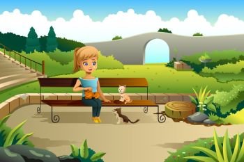 A vector illustration of little girl playing with cats in a park