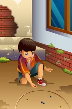 A vector illustration of little boy playing marbles outdoor