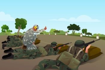 A vector illustration of soldiers in military training