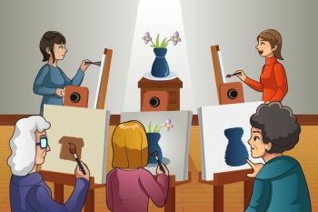 A vector illustration of group of people in painting class 