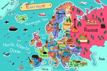 A vector illustration of Europe map in cartoon style