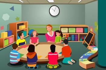 A vector illustration of students studying in class with teacher