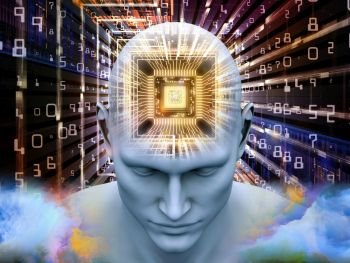 Mind Processor series. Backdrop of Human head with CPU in perspective on the subject of  artificial intelligence, mind, mass media and modern technology