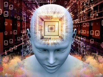 Mind Processor series. Creative arrangement of Human head with CPU in perspective as a concept metaphor on subject of  artificial intelligence, mind, mass media and modern technology