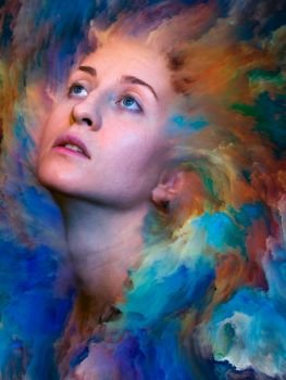 Inside Outside series. Composition of female portrait fused with vibrant paint on the subject of feelings, emotions, inner world, creativity and imagination