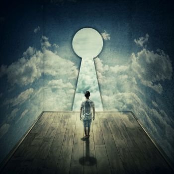 Abstract idea with a person standing in front of a big keyhole doorway surrounded by limitations daily routine concrete walls with clouds texture, casting a key shadow.