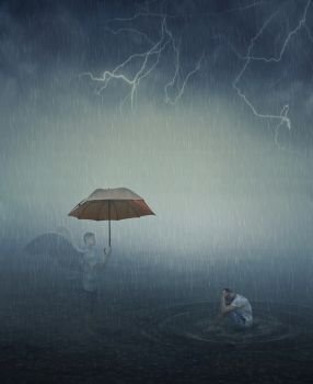 Surrealistic image as lonely, stressed man sit in the lake water below the falling rain and his angel try to help him giving an umbrella. Forgiveness, spiritual support.