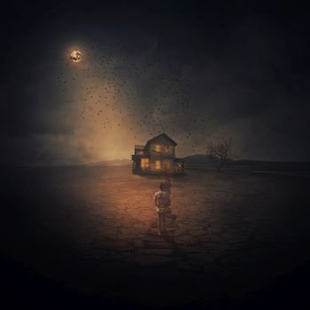 Surreal and spooky background as a young boy following the pathway, along the cracked desert ground, going to a wood house below the night sky moonlight.