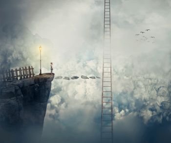 Imaginary view as a young boy stand on the peak of a cliff above clouds thinking how to reach a ladder going up to the sky. Life journey opportunity and risk concept. Way to success symbol.