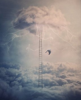 Silhouette of a fallen angel crashing down from heaven alongside a huge ladder above the clouds. Surreal scene with a winged creature falling from the sky or paradise. Mystery concept, fantastic view 