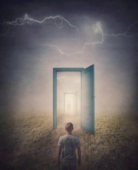 Teleportation doors concept. Rear view of a person standing in front of a doorway in the land, as seen in the mirror like a portal to another world. Magical and surreal scene with spooky lightnings
