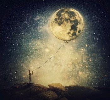 Surreal and inspirational scene with a person holding the full moon as a balloon with a rope. Dreamlike imaginary view over the night starry sky background