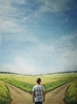 Conceptual painting with a doubtful person at a crossroad choosing the correct path between left and right. The road to success, way choice concept. Difficult decision, life dilemma