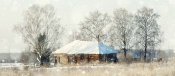 Winter in the village, wooden house