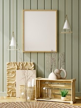 Blank mock up poster frame on olive color paneling wall, interior background, home decor over the wooden planks wall. Wooden box with vases and glass bottle. 3d rendering