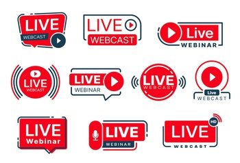 Live webinar, webcast icons of online stream video or podcast, vector web player icons. Webinar live channel and streaming web video or microphone symbols for online vlog or tube broadcast. Live webinar, webcast, online stream video icons