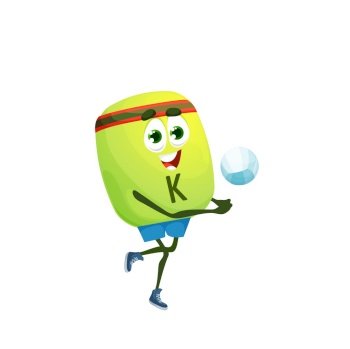 Cartoon potassium kalium volleyball player character. Isolated vector funny bubble pill hits a ball. K nutrient sportsman personage playing volleyball and having fun. Cartoon potassium kalium volleyball player, game