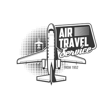 Air travel service icon, airplane tours and flights, aviation. Air plane travel or airlines and civil aviation private jets rental, pilots club and aviators adventure trips vector badge. Air travel service icon, airplane tours, flights