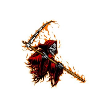 Death with scythe. Halloween horror character, scary Grim Reaper sticker, isolated vector spooky death skeleton with saliva on sharp teeth, wearing flaming red fire cape and holding scythe. Death Grim Reaper isolated character with scythe