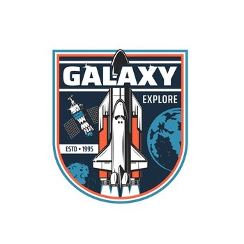 Space shuttle and satellite icon. Vector rocket missile booster carrier with spaceship on board leave Earth to explore galaxy. Mother rocket take off, cosmos research, exploration mission icon. Space shuttle and satellite icon, vector emblem