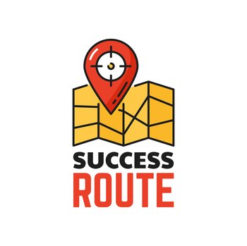 Business success route, goal and achievement outline icon. Business strategy solution or path simple pictogram or symbol, company goals, targets achieve outline vector sign with navigation pin on map. Business route, target achievement outline icon