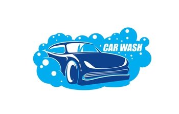 Car wash service icon. Automobile cleaning and detailing garage station, vehicle washing service icon, blue symbol or sticker with modern sport car in shampoo, detergent or soap foam bubbles. Car wash service icon with vehicle in soap bubbles