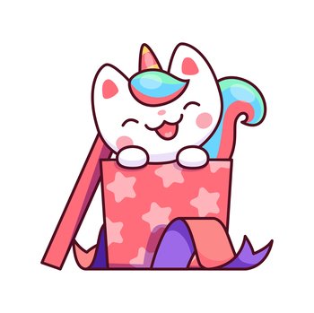 Cartoon caticorn character, cute vector unicorn cat pop up of gift box. Funny white magic kitty with colorful tail sitting in open present package. Surprise with kawaii kitten fairy tale personage. Cartoon caticorn character cute vector unicorn cat