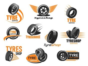 Car tyre shop and service icons. Wheel tire repair and balancing. Car wheel rims store or repair service vector symbol, vehicle tyres change mechanic workshop retro icons. Car tyre shop, repair and balancing service icons