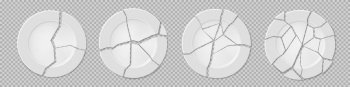Ceramic broken plates with cracks. White vector round dishes with varying degrees of damage. Realistic shattered kitchen porcelain crockery with splinter pieces isolated on transparent background. Ceramic broken plates with cracks, damaged dishes