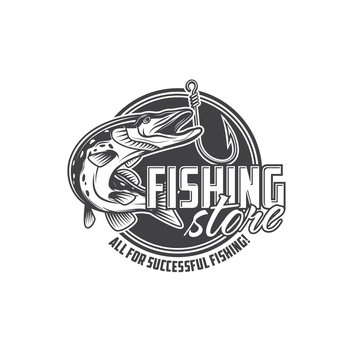 Fishing store icon with pike and hook, fisher tackles shop vector emblem. Fisherman equipment, fish catch baits or lure and bobber floats store badge with river pike and rod hook. Fishing store, pike and hook, fisher tackles shop