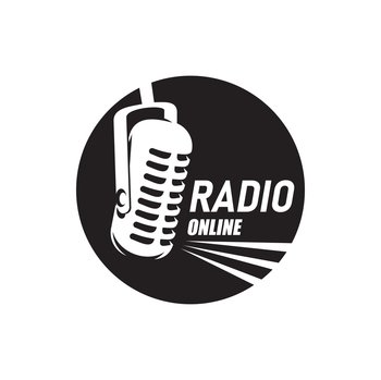 Online radio, live broadcast icon. Live podcast symbol or icon, news broadcast vector emblem or circle pictogram. Online radio station monochrome round sign with vintage microphone. Online radio, live broadcast icon with microphone
