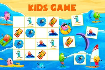 Sudoku game cartoon vitamin and mineral characters on beach vacation. Kids vector worksheet riddle with nutrient bubbles water fun and sport. Educational task, children crossword teaser, boardgame. Sudoku game cartoon vitamins on beach vacation