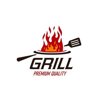 BBQ grill icon of fire flame and spatula, barbecue steak restaurant vector emblem. BBQ grill flame symbol for cuisine menu or barbeque cooking party, meat bar and butchery premium quality sign. BBQ grill icon of fire flame and barbecue spatula