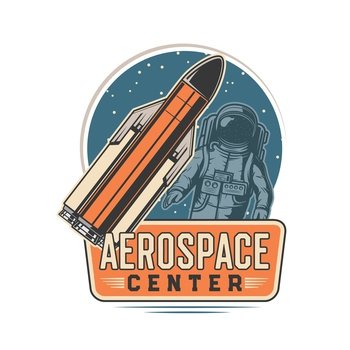 Aerospace center icon, rocket spaceflight and spaceman training academy, vector symbol. Galaxy exploration and orbital station astronauts crew flight center badge with rocket shuttle and planets. Aerospace center, rocket spaceflight and spaceman