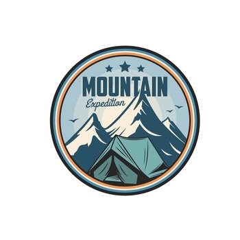 Mountain expedition icon, mountaineering camp and climbing club vector badge. Mountain tourism and outdoor hiking sport, trekking or camping and alpine expedition symbol with stars and mount rock. Mountain expedition icon, mountaineering, hiking