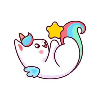 Caticorn character. Magical creature cheerful mascot or funny caticorn isolated vector personage. Fairy unicorn cat with horn, rainbow hair and tail, playing with star toy. Caticorn character, funny cat unicorn personage