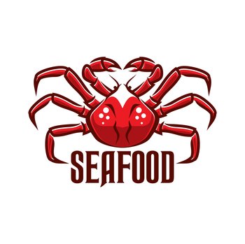 Crab seafood icon. Fresh fish market, seafood shop symbol or vector emblem. Asian cuisine restaurant, care or bar sea food menu, fishing company icon with red crab and typography. Seafood restaurant, shop or market icon with crab