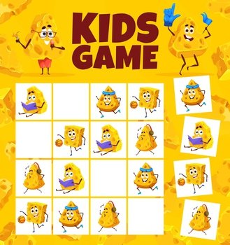 Sudoku game worksheet cartoon maasdam and gouda cheese characters. Kids vector riddle with cartoon personages on chequered board. Educational task for children sparetime activity, recreation boardgame. Sudoku game worksheet, cartoon cheese characters